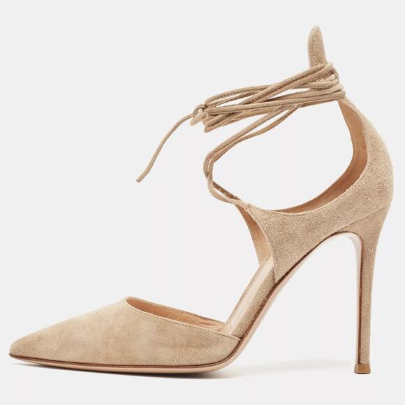 Gianvito Rossi Suede Ankle Tie Pointed Toe Stilettos Pumps Beige Womens 40 / 9.5
